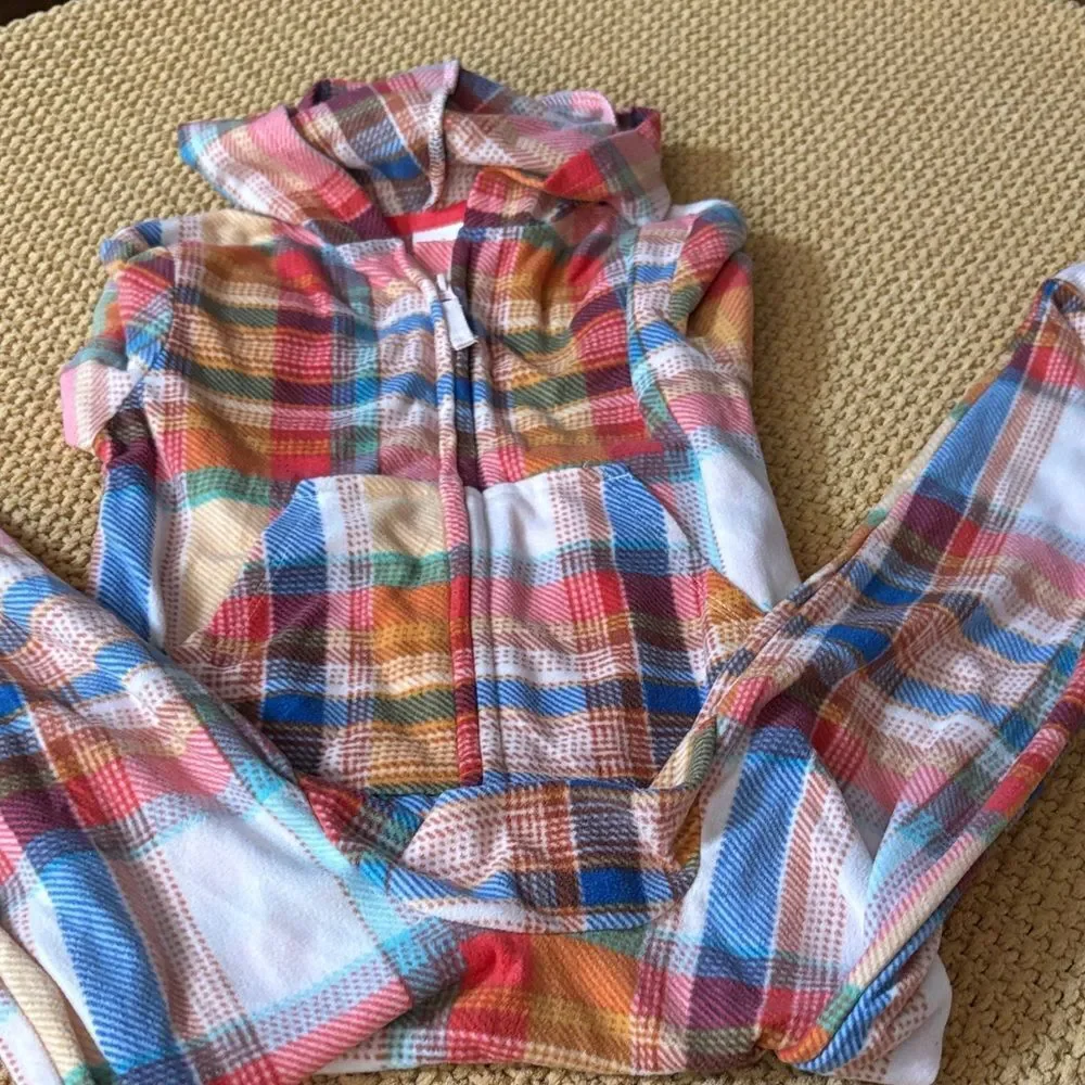 NWT ONE Piece Colorful Plaid Hooded Jumpsuit Pajamas S 6/7